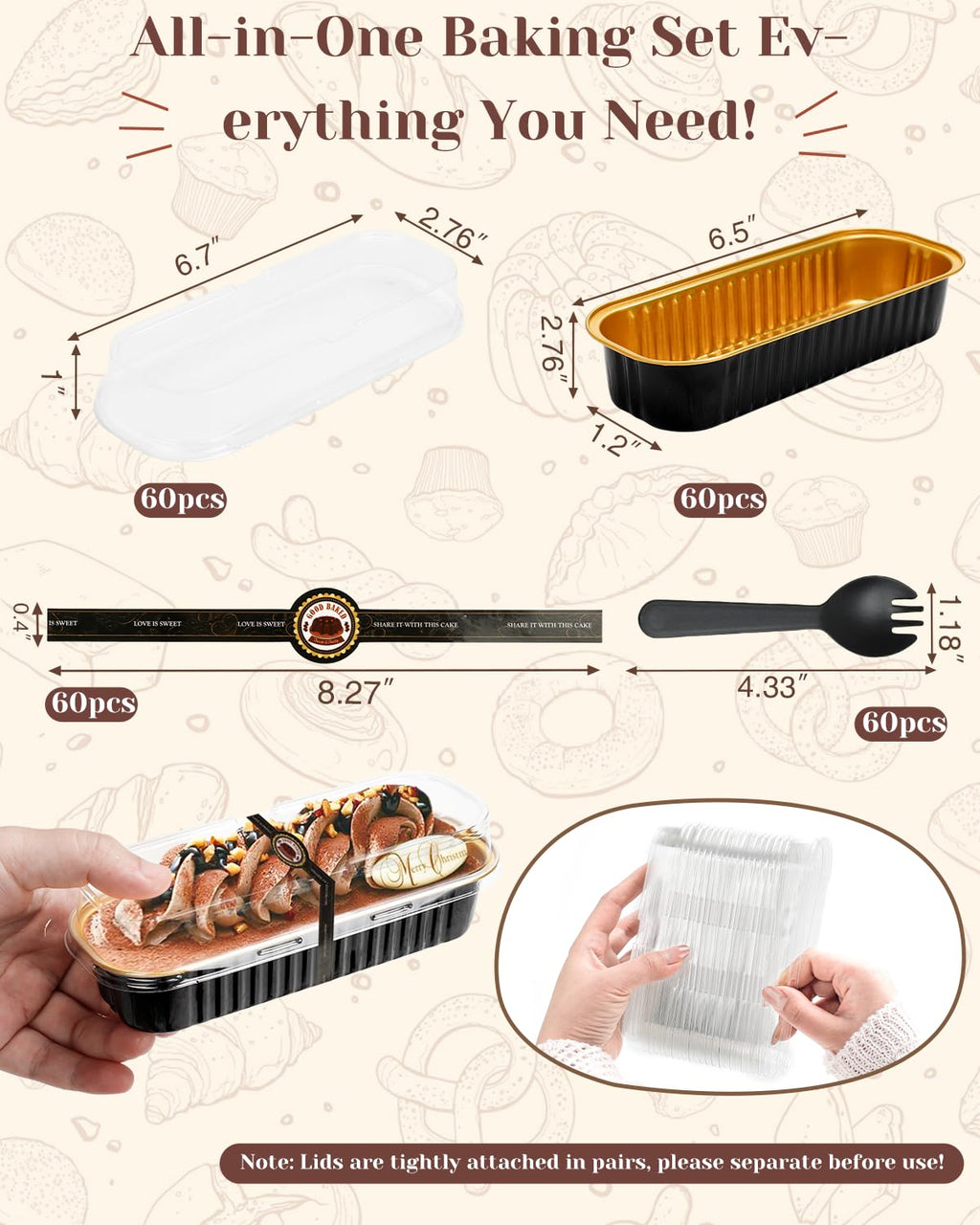 YQER 100 Pack Mini Loaf Pans with Lids, Spoons & Stickers – Disposable Aluminum Foil Baking Cake Containers for Oven, Air Fryer & Freezer – Ideal for Cakes, Bread, Pudding, Parties & Gifting, Black