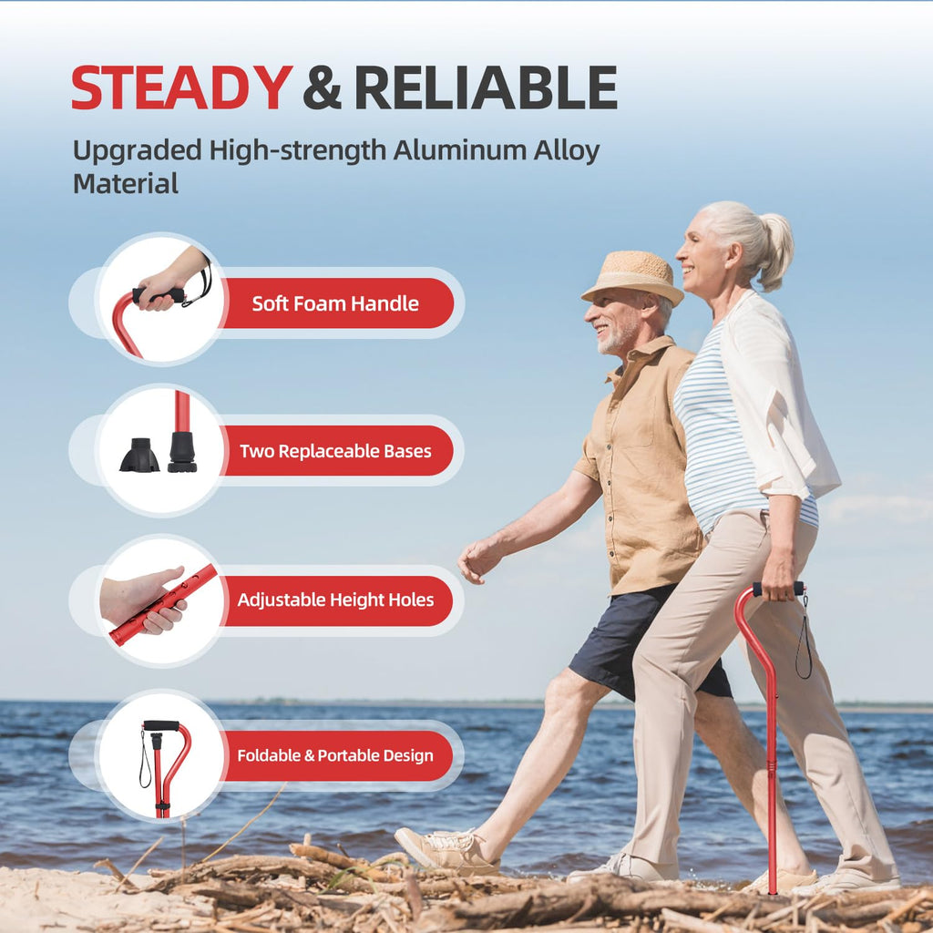 BeneCane Walking Cane for Men & Women Adjustable Cane with Offset Soft Cushioned Handle -Portable Lightweight Sturdy Mobility Walker Aid for Elderly, Seniors Collapsible Cane Red