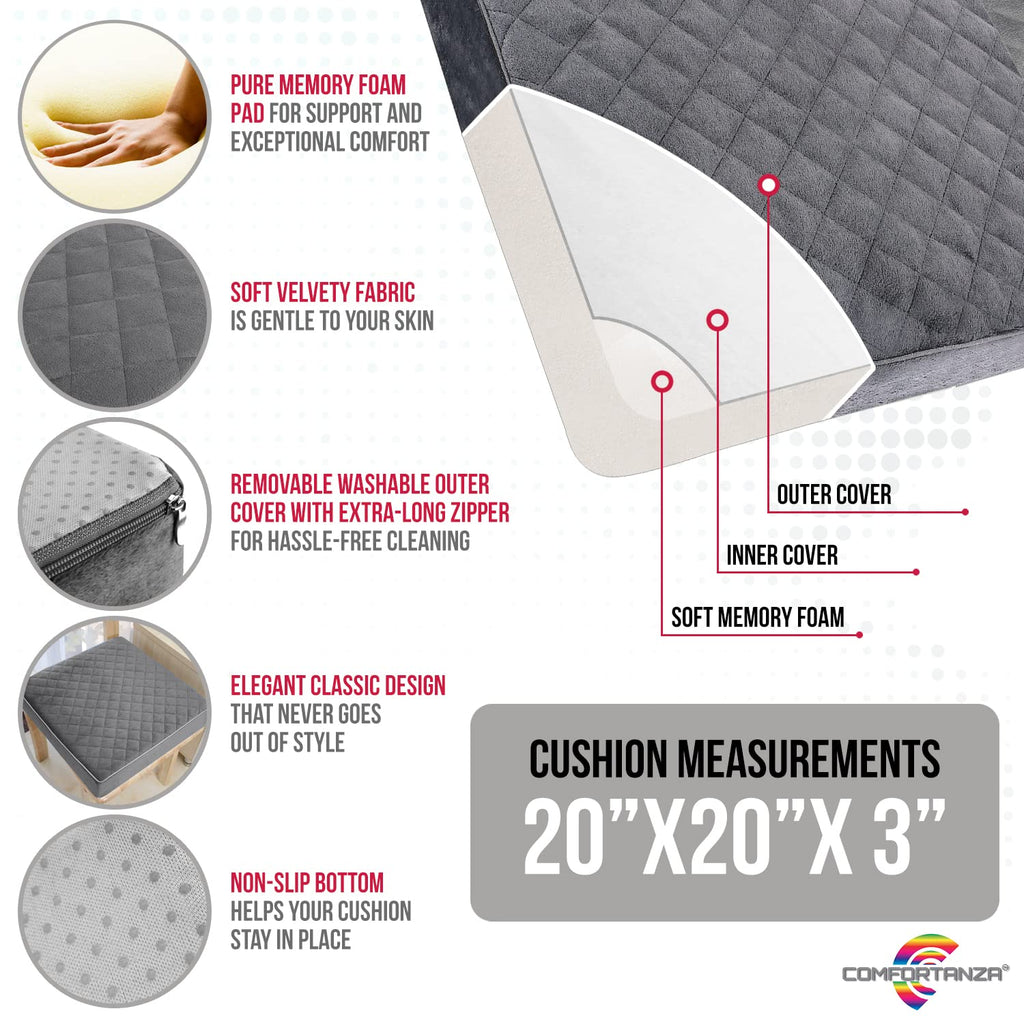COMFORTANZA Medium-Soft 20x20x3 Memory Foam Recliner Chair Seat Cushion for Long Sitting - Armchair Pad with Washable Velvety Cover with Waterproof Layer & Non-Slip Base for Seniors & Elderly - Gray