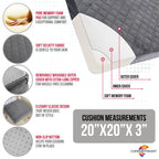 COMFORTANZA Medium-Soft 20x20x3 Memory Foam Recliner Chair Seat Cushion for Long Sitting - Armchair Pad with Washable Velvety Cover with Waterproof Layer & Non-Slip Base for Seniors & Elderly - Gray