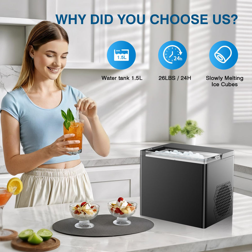 Ice Makers Countertop, 9 Ice Cubes in 6 Mins Portable Ice Maker, 2 Sizes of Bullet Ice (S/L) Small Ice Machine for Home Kitchen Camping (Raven)