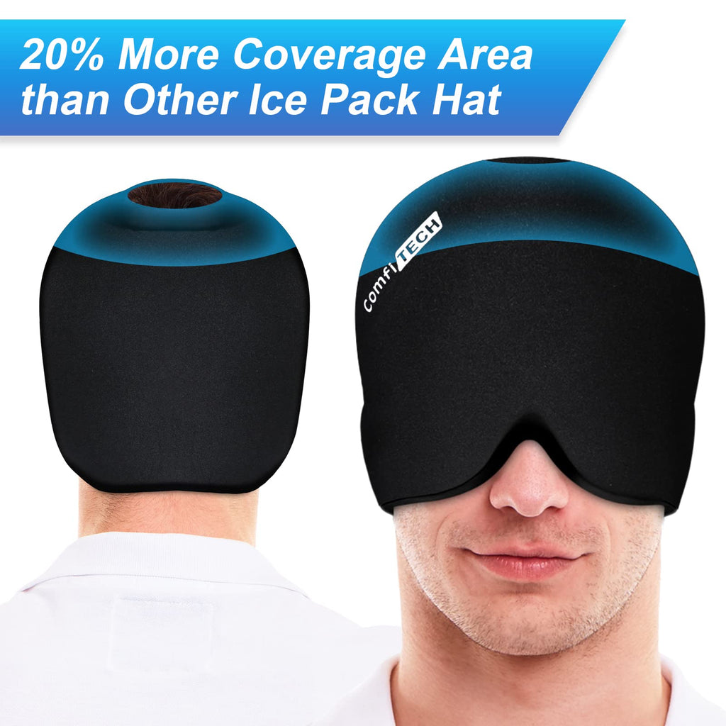 Comfitech Migraine Ice Head Wrap, Headache Relief Hat for Migraine Cap for Tension Puffy Eyes Migraine Relief Cap for Sinus Headache and Stress Relief Cold Compress (Medium Black)