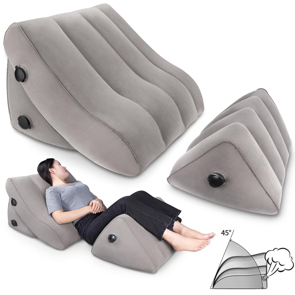SAHEYER Inflatable Bed Wedge Pillow Set, 2 PCS Post Surgery Support Pillow for Back, Knees, Leg Pain Relief, Adjustable Sitting Pillows for Anti Snoring, Heartburn, GERD Sleeping (Gray)