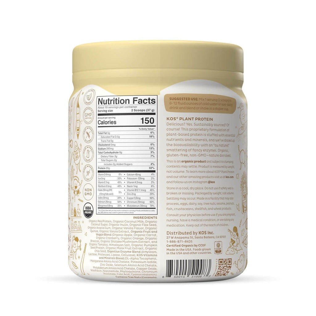 KOS Plant Based Protein Powder, Vanilla USDA Organic - Low Carb Pea Protein Blend, Vegan Superfood Rich in Vitamins & Minerals - Keto, Soy, Dairy Free - Meal Replacement for Women & Men - 10 Servings