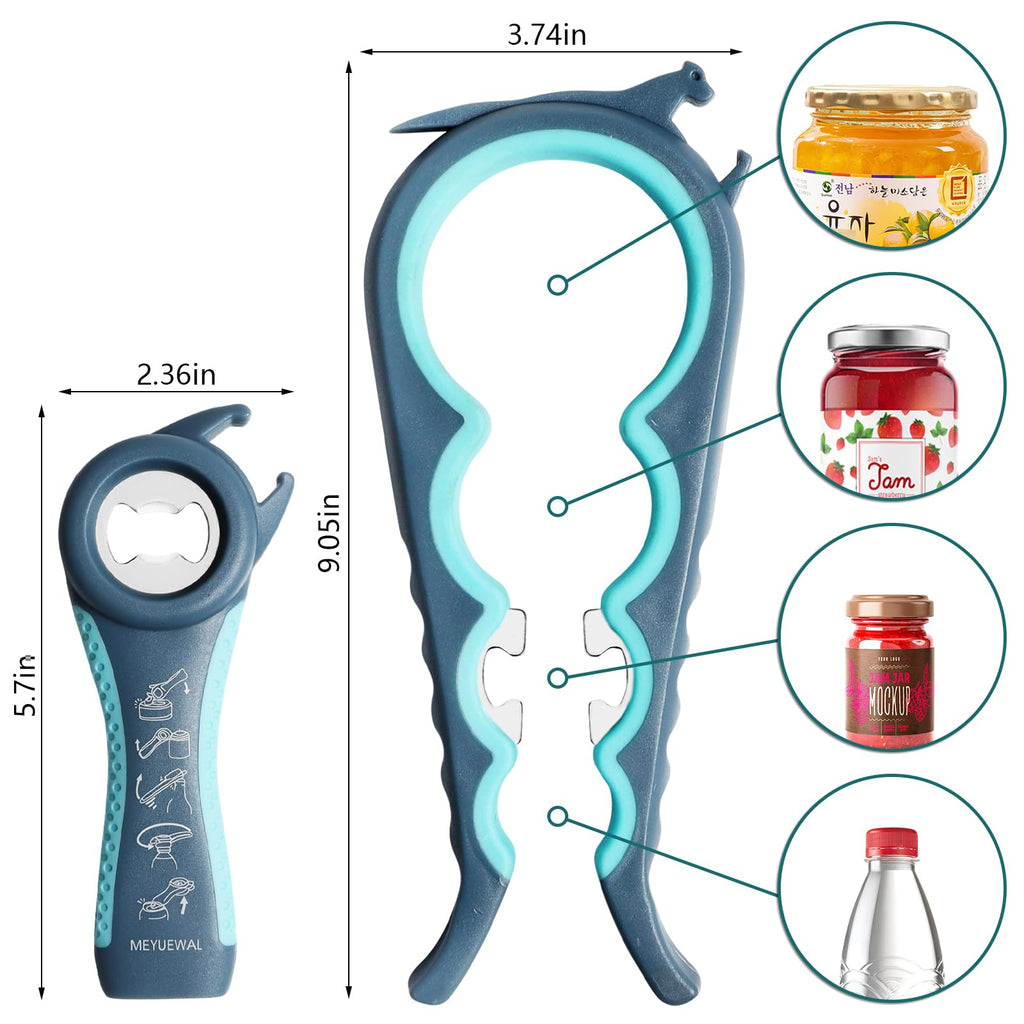 MEYUEWAL Jar Opener, 6 In 1 Bottle Opener Can Opener for Weak Hands, Jar Openers for Seniors with Arthritis, Multifunctional Lid Opener Kit, Easy Jar Opener Tool for Elderly Adults Kids (Blue), Large