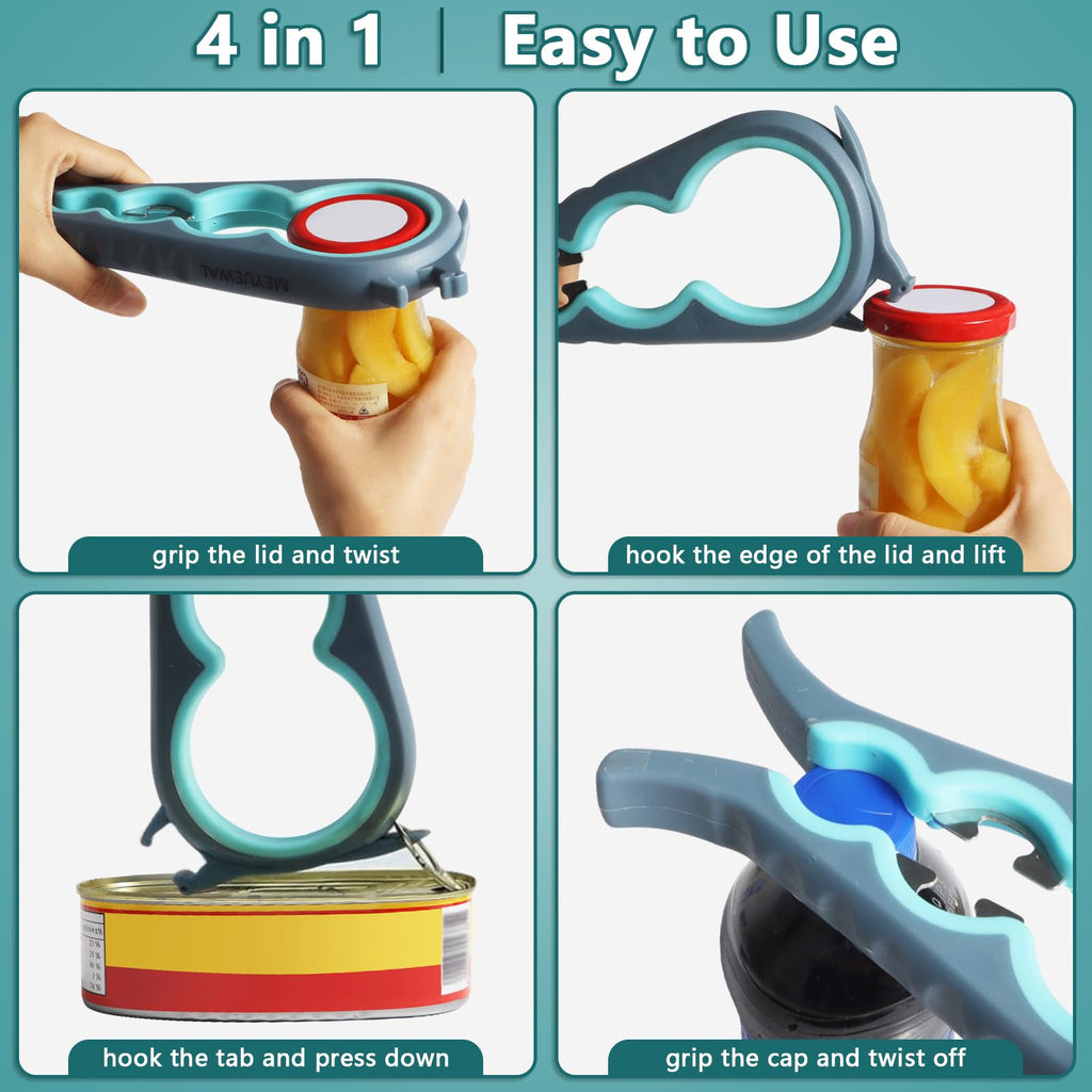 MEYUEWAL Jar Opener, 6 In 1 Bottle Opener Can Opener for Weak Hands, Jar Openers for Seniors with Arthritis, Multifunctional Lid Opener Kit, Easy Jar Opener Tool for Elderly Adults Kids (Blue), Large