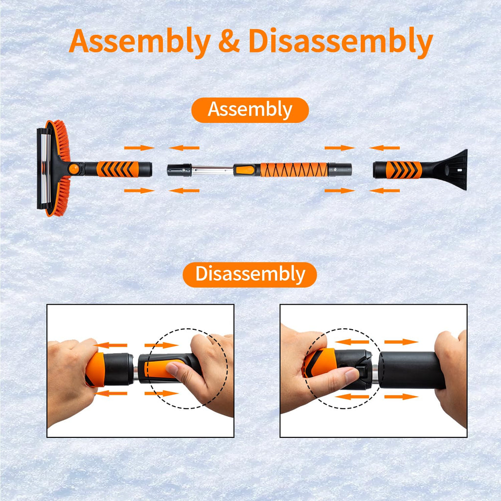 KOKKING 4 in 1 Snow Shovel Kit Extendable Snow Brush 180°Pivoting with Ice Scrapers & Snow Brushes with Foam Grip for Car, Trucks, SUVs, Vehicle (Orange)