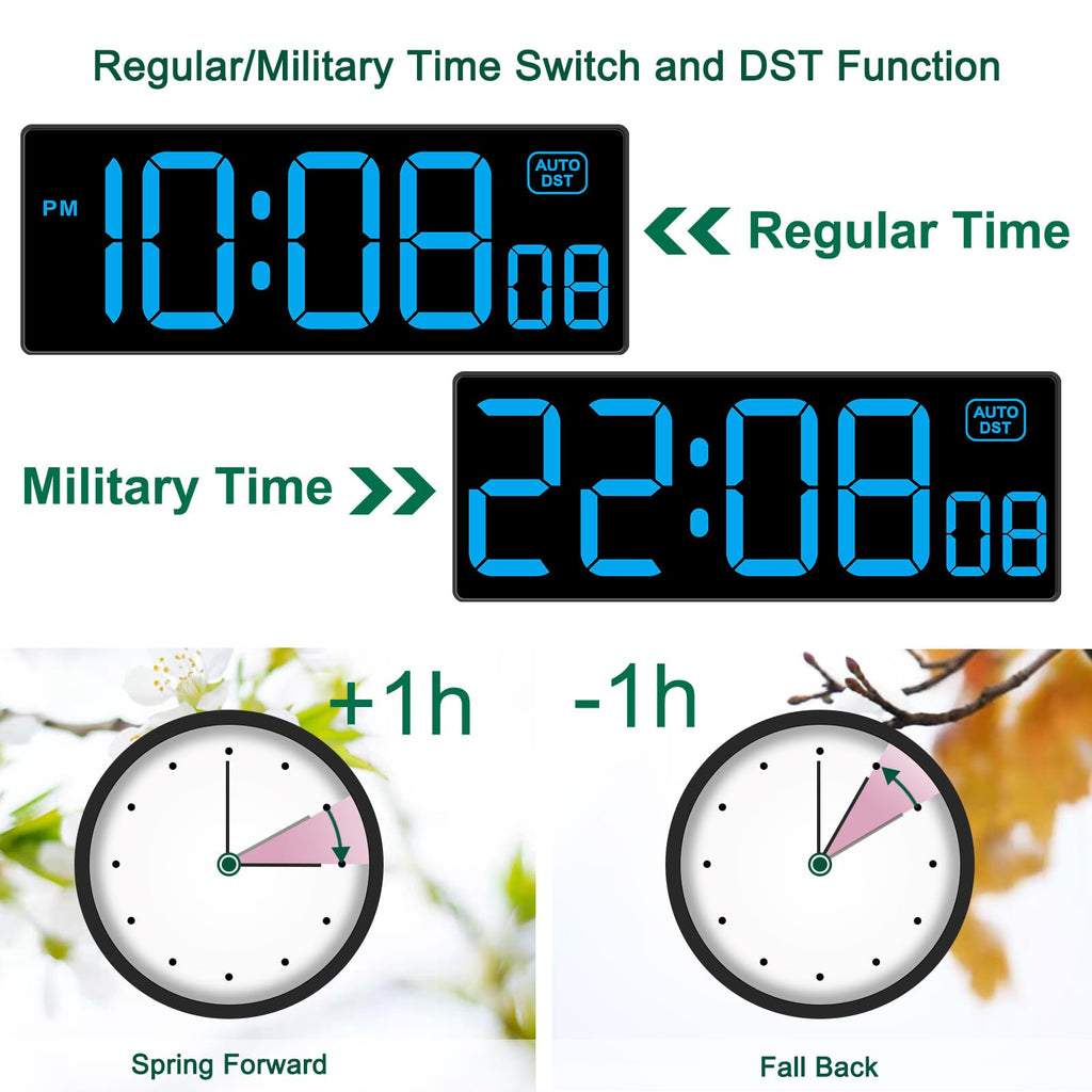 Soobest LED Wall Clock Digital Clock with Seconds, Electric Plug in Large Big Numbers Clock 5 Dimmers Wall Mount for Living Room, Auto DST, 10 Inches (Blue)