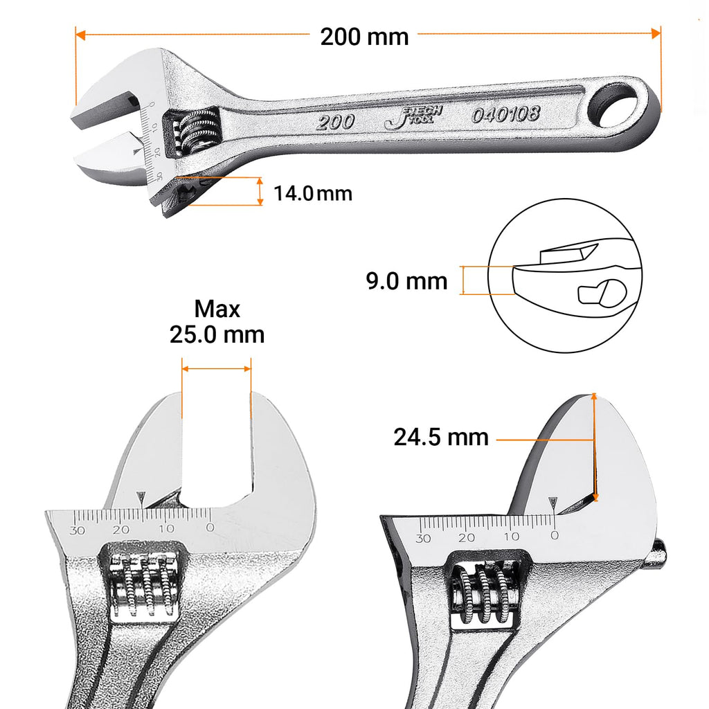 Jetech 8 Inch Adjustable Wrench - Professional Shifter Spanner with Wide Caliber Opening