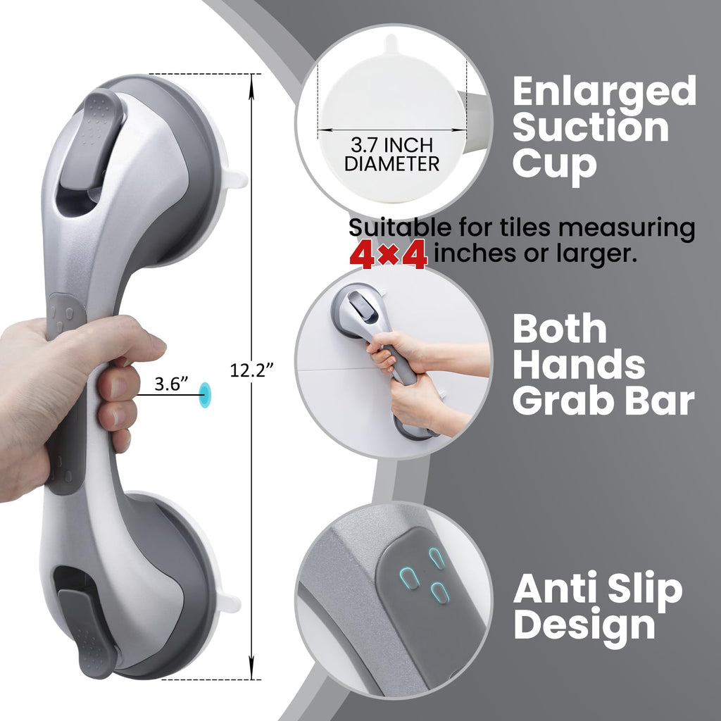 TAILI Shower Grab Bar, 12 Inch Shower Handle for Bathtubs and Showers for Elderly, Suction Grab Bars for Seniors Bathroom Safety Handle for Elderly, No Drilling Removable, Silver