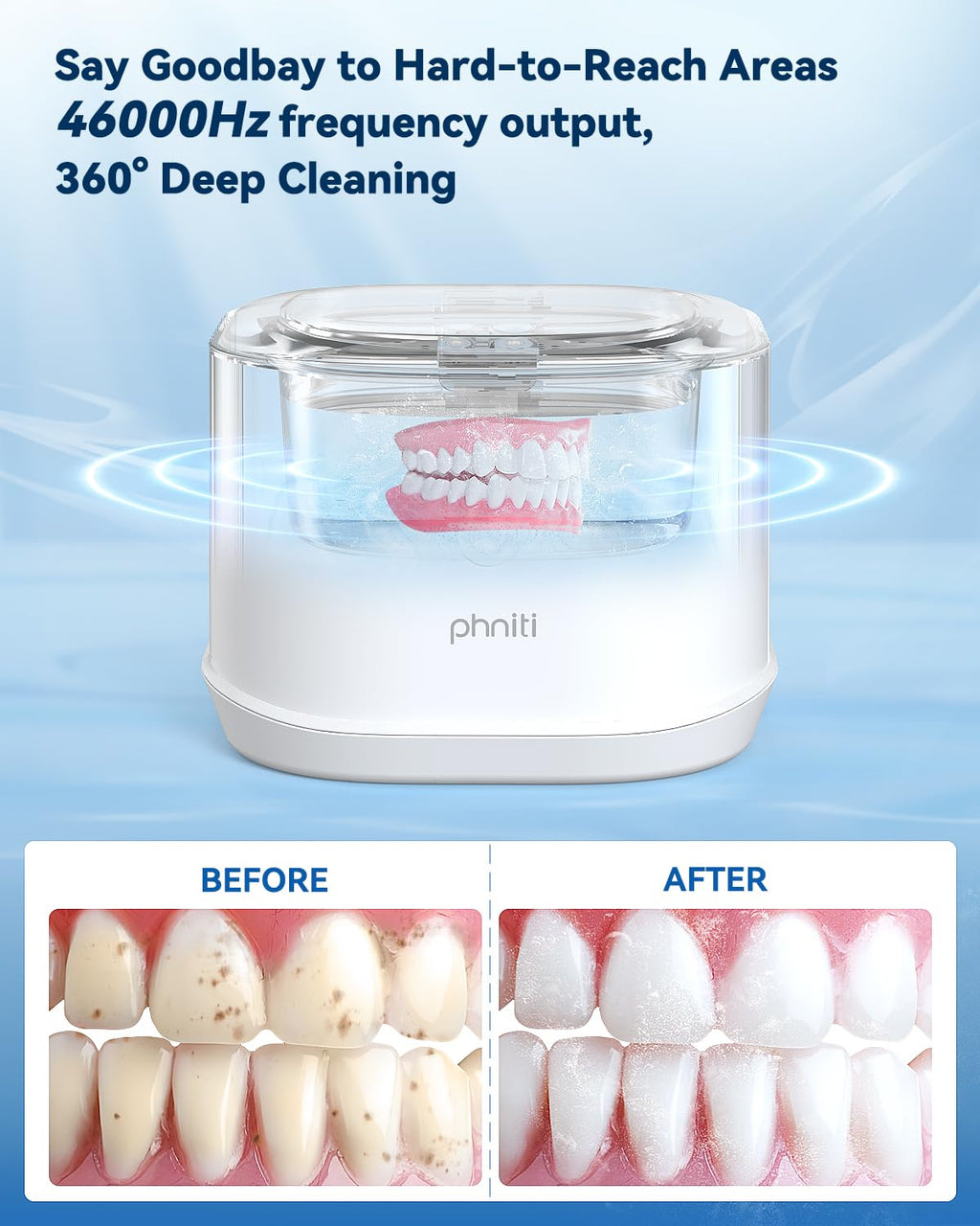 Ultrasonic Jewelry Cleaner, Phniti 46kHz Professional Portable Ultrasonic Retainer Cleaner Machine with Timer for Dental Retainer, Mouth Guard, Watch, Ring, Diamond - Household Use, White