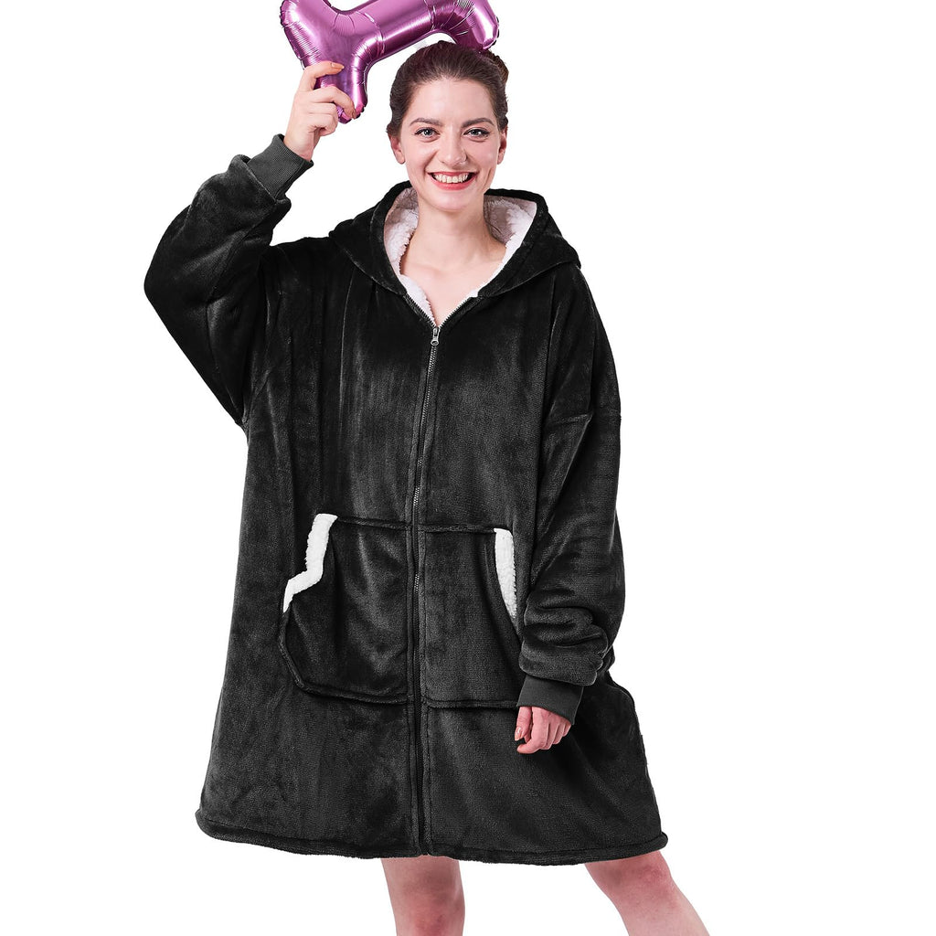 JOYWOO Wearable Blanket Hoodie, Oversized Hooded Blanket for Adult, Birthday Christmas Gifts for Women Men, Cozy Fuzzy Sherpa Sweatshirt Blanket with Giant Pocket and Zipper, Black