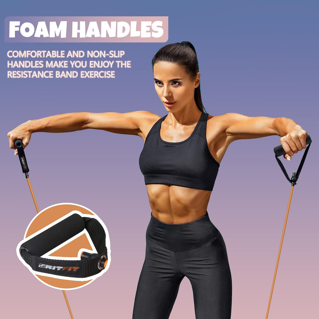 RitFit Single Resistance Exercise Band with Comfortable Handles - Ideal for Physical Therapy, Strength Training, Muscle Toning - Foam Padding Door Anchor and Starter Guide Included (Purple(15-20lbs))