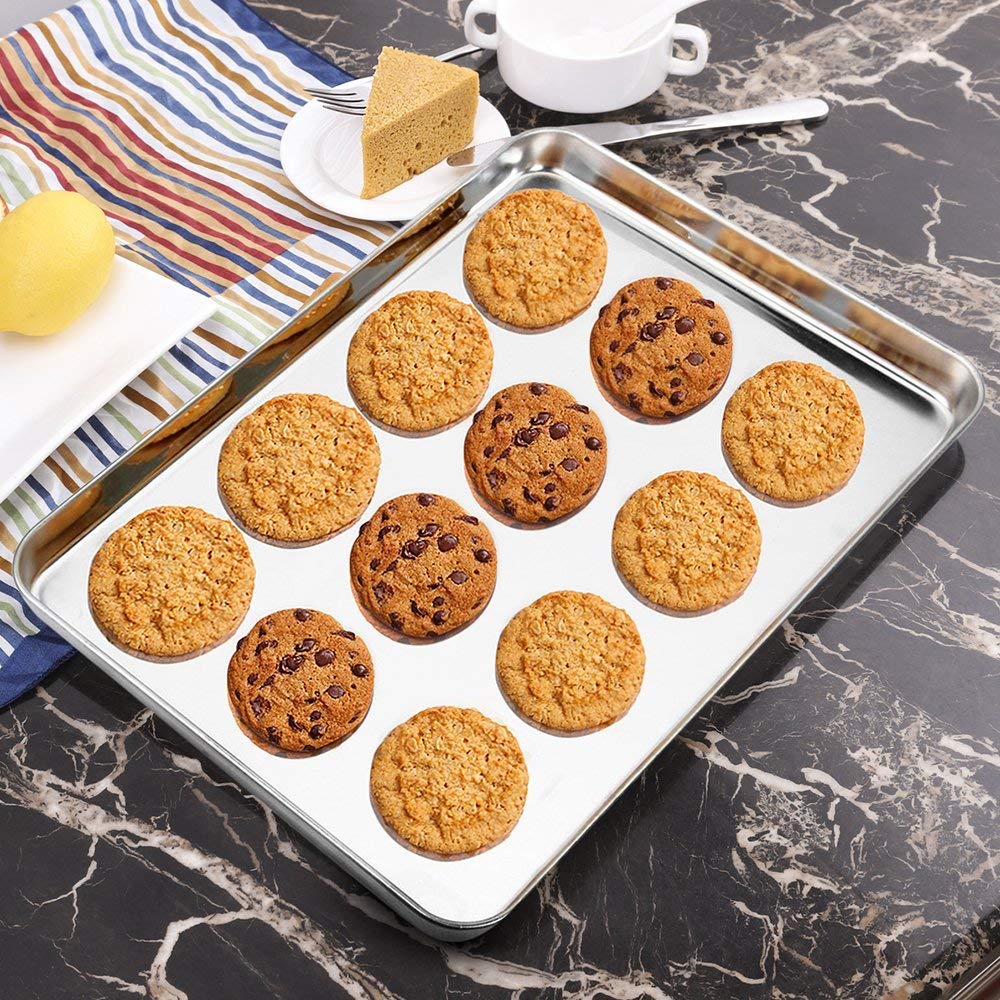 Wildone Baking Sheet with Rack Set [2 Sheets + 2 Racks], Stainless Steel Cookie Pan baking Tray with Cooling Rack, Size 12 x 10 x 1 Inch, Non Toxic & Heavy Duty & Easy Clean
