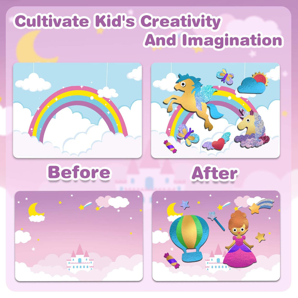 SOOVSY 200 Sheets Princesses & Unicorns Foil Art Fun Kit for Kids, Foil Art for Kids Art Craft DIY Creative Activity Birthday Christmas Gift Travel Toys for 4 5 6 7 8 9 Years Old Kids Girls Boys