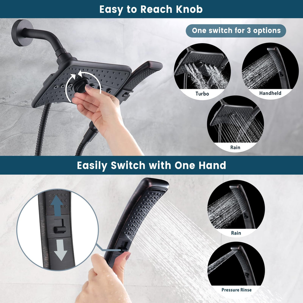BRIGHT SHOWERS High Pressure Shower Head with Handheld, Oil Rubbed Bronze Dual Showerhead Combo with Rainfall Spray, Detachable Hand Held Shower, 60" Stainless Steel Hose