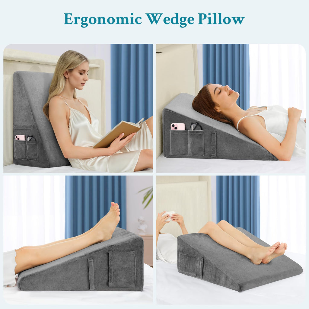 Domusensus Wedge Pillow for Sleeping, 10" Bed Wedge Pillow for After Surgery, Triangle Pillow Wedge for Heartburn, Acid Reflux, GERD, Back Pain Relief, Neck Pain, Soft & Cooling Memory Foam Top