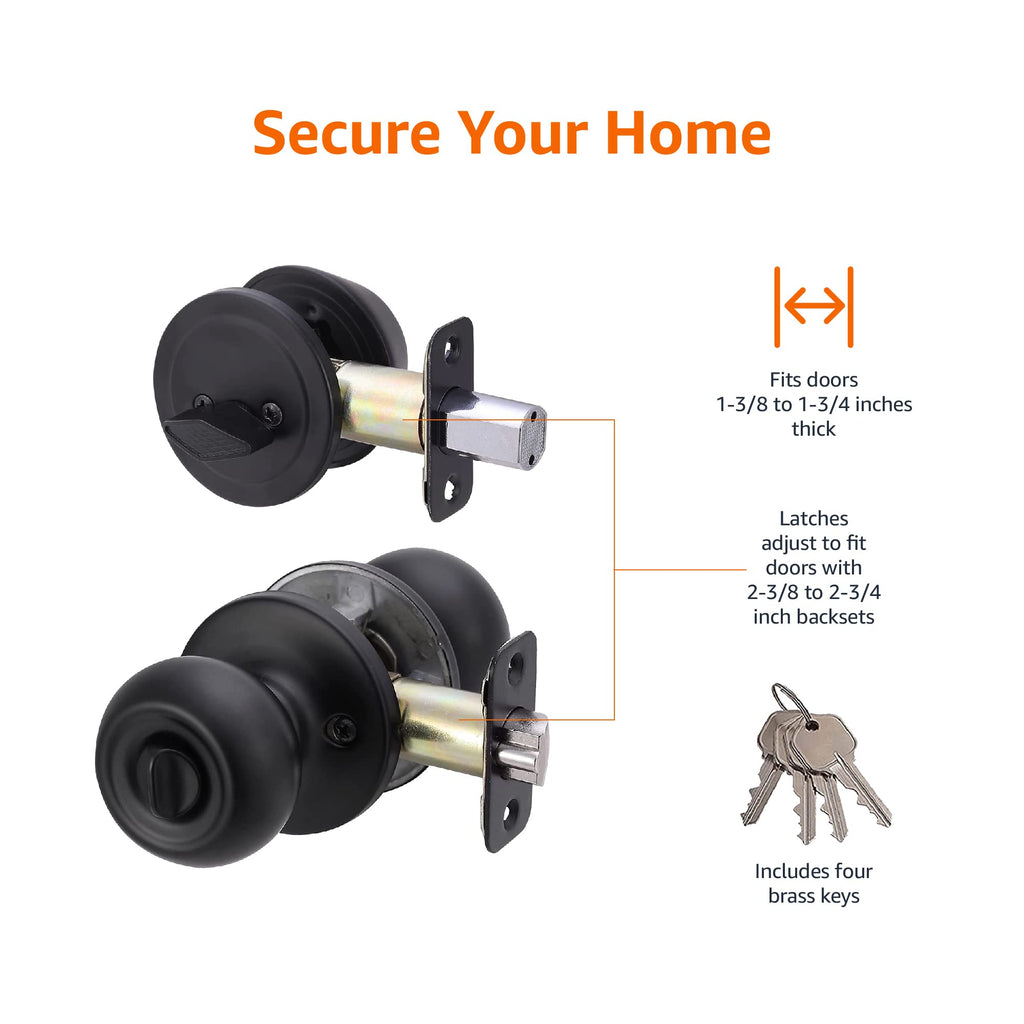 Amazon Basics Exterior Door Knob with Key Lock and Deadbolt, Keyed Alike, Coastal, Matte Black