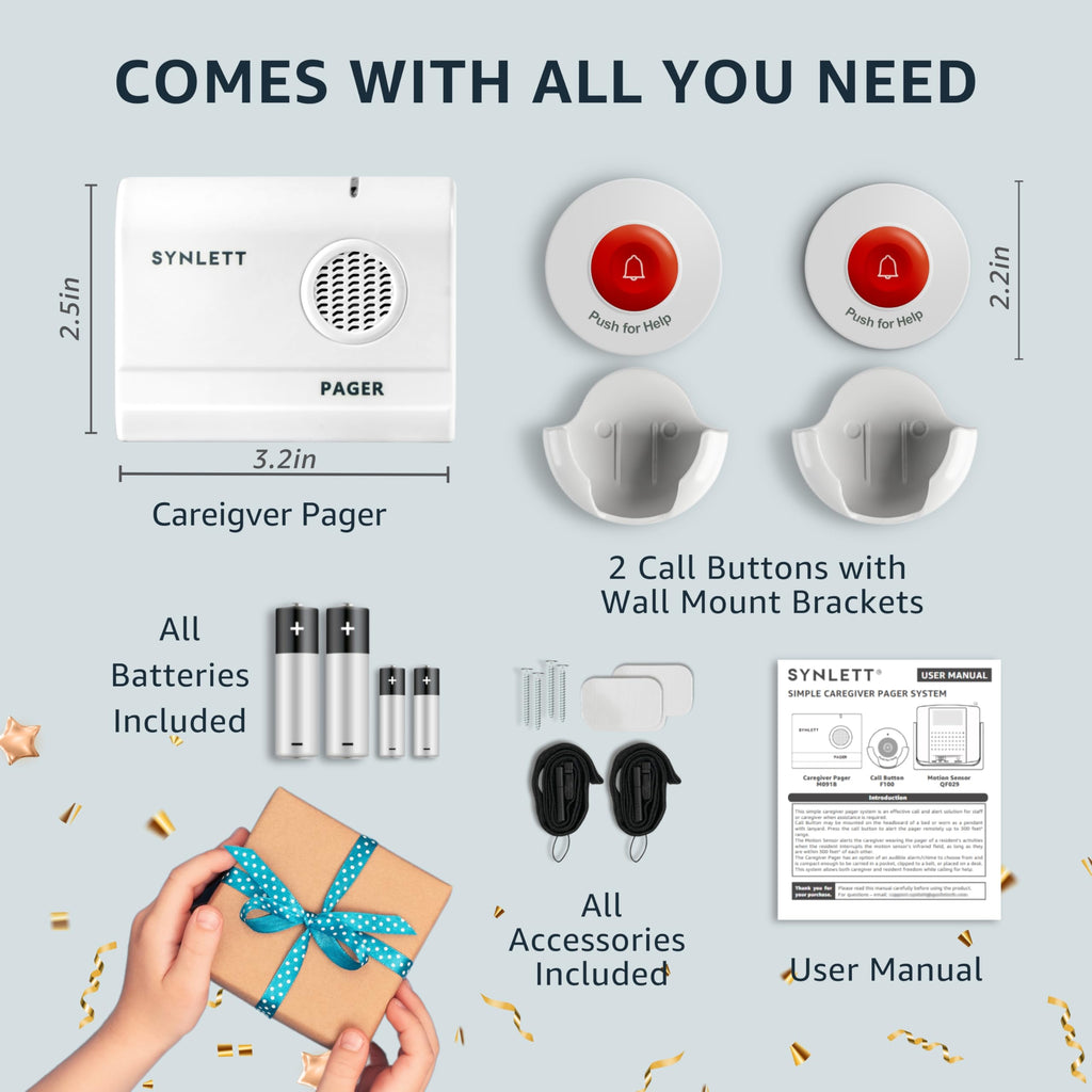 SYNLETT Caregiver Pager Wireless Call Buttons for Elderly Monitoring SOS Alert System Portable Alarm for Nurse Call Seniors Patients Emergency Home
