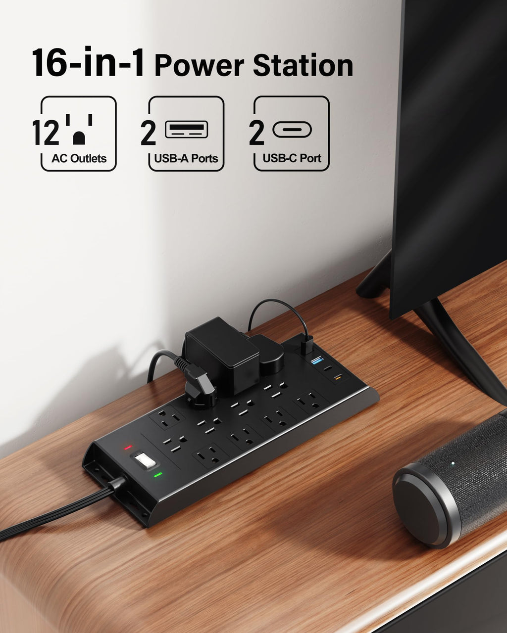 Surge Protector Power Strip 4800J, 10Ft Long Extension Cord Flat Plug, 12 Outlets 2 USB C 2 USB Ports, Wall Mountable, Desk Charging Station, Black