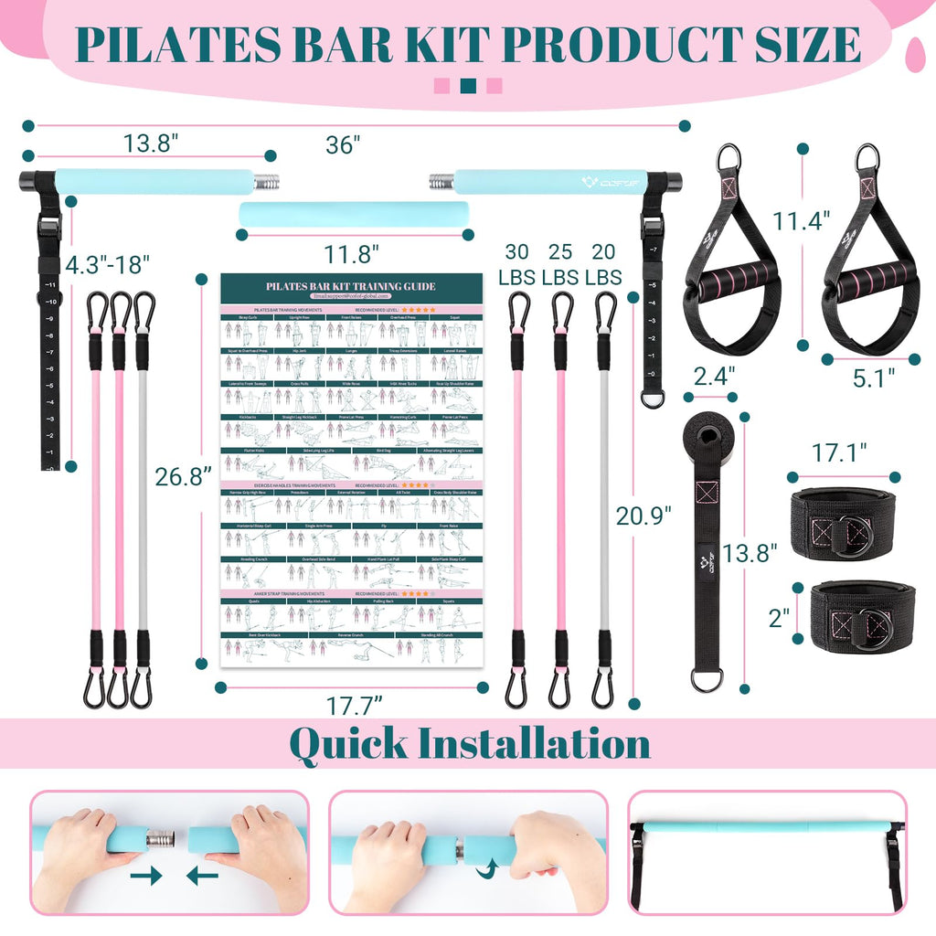 Pilates Bar Kit with Resistance Bands, Multifunctional Yoga Pilates Bar with Heavy-Duty Metal Adjustment Buckle, Portable Home Gym Pilates Resistance Bar for Women Full Body Workouts(20-150LBS)-Blue