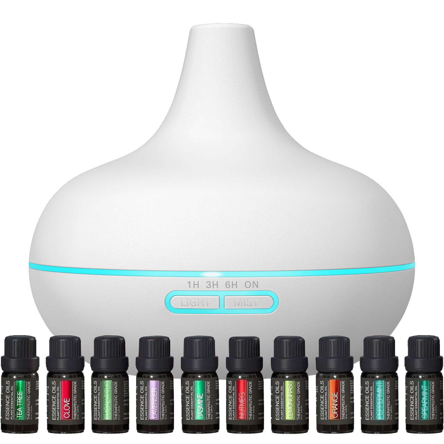 Ultimate Aromatherapy Diffuser & Essential Oil Set - Ultrasonic Diffuser & Top 10 Essential Oils - Modern Diffuser with 4 Timer & 7 Ambient Light Settings - Therapeutic Essential Oils - Matte White