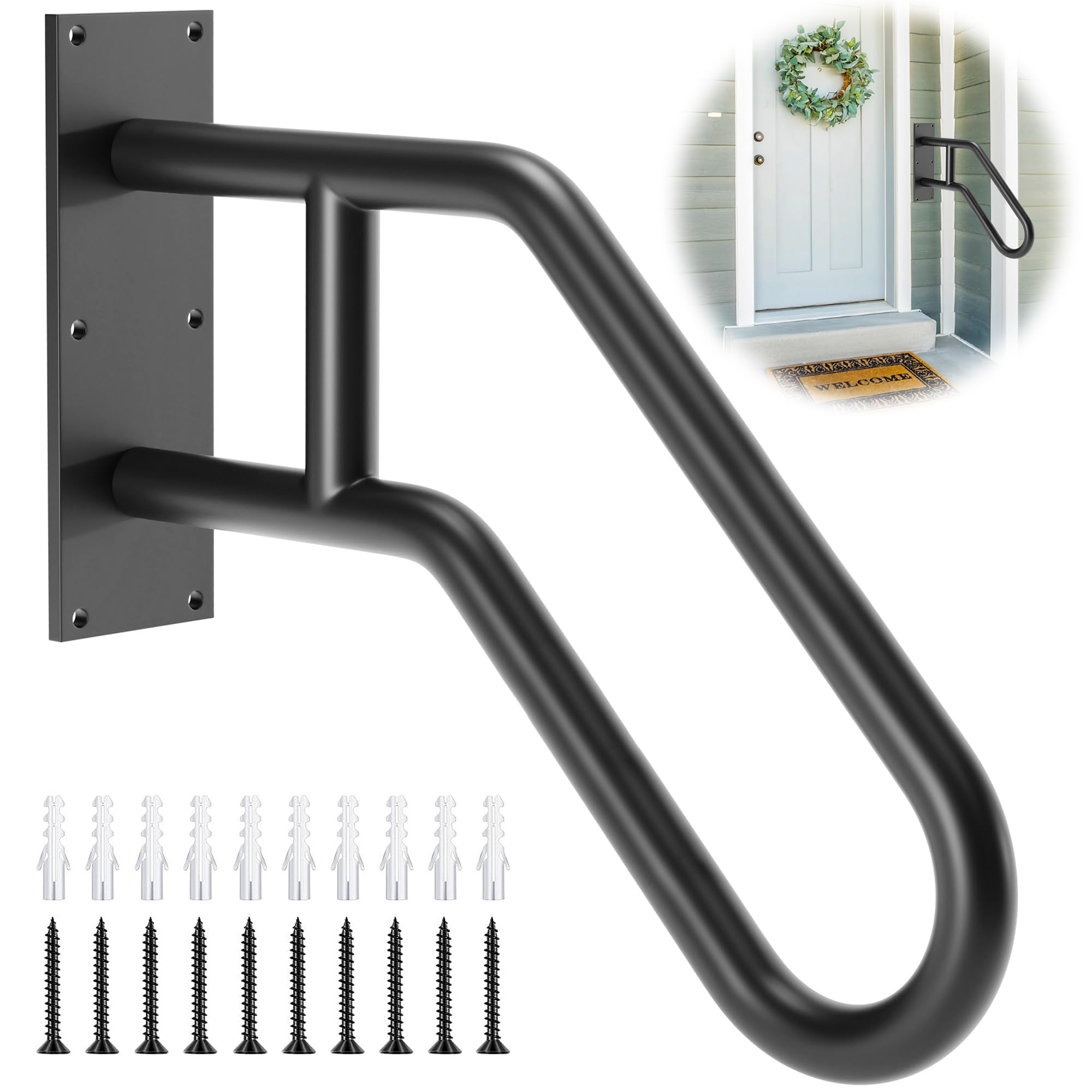 Auroras Hand Rails for Outdoor Steps, 28.7" Outdoor Handrail - Auroras Wall Mount Handrail, Handrail for 1-3 Steps, U-Shaped Handrails for Kids, Elderly, Pregnant Women, Disabled (Black)