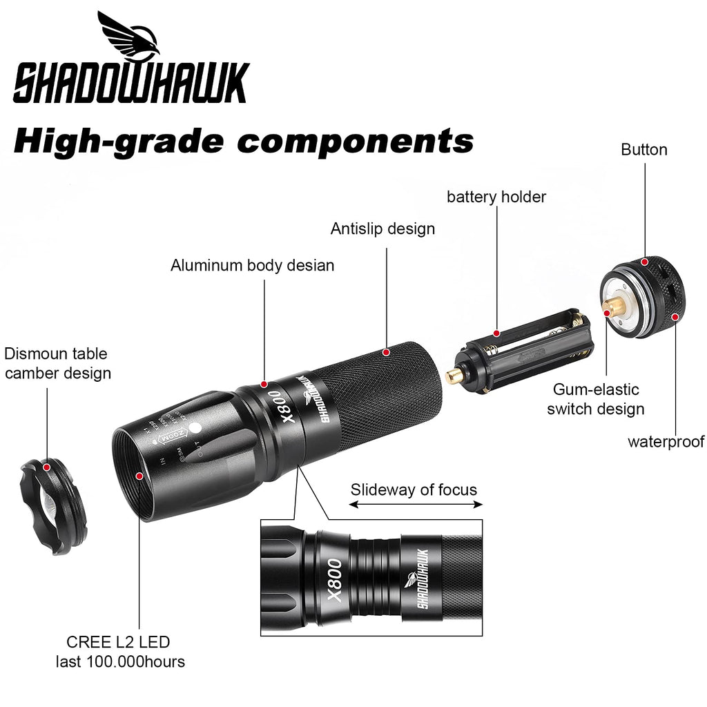 Shadowhawk X800 6000 lumens Torches Super Bright Led Torch Powerful Military Tactical Flashlight Torch for Dog Walking Hiking Emergency Gift