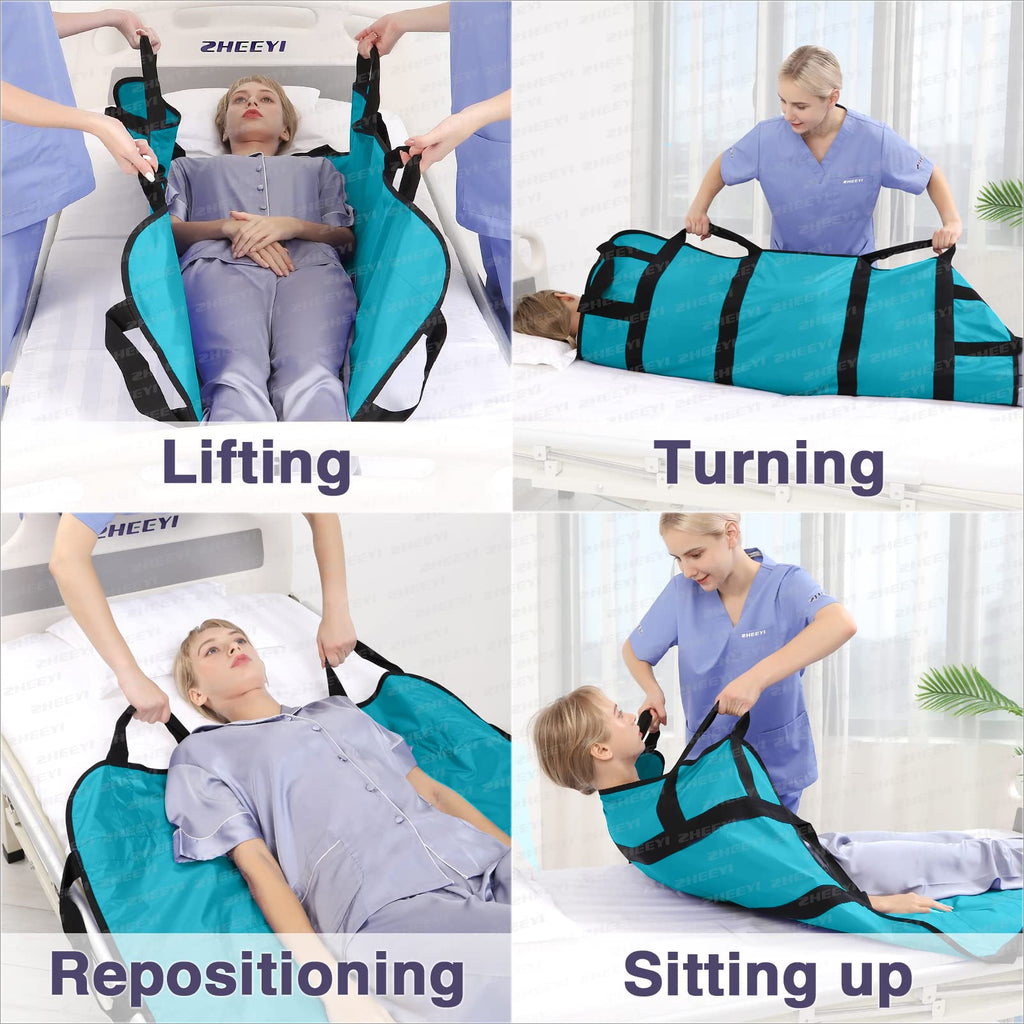 ZHEEYI Positioning Bed Pad with Reinforced Handles 43" x 36" Patient Transfer Sheet Aid Assistant for Body Lifting, Turning, Repositioning, for Elderly, Incontinence, Caregiver, Peacock Blue