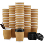 SIUQ 90 Pack - 8 oz Disposable Coffee Cups with Lids and Straws,To go Coffee Cups,Insulated Corrugated Paper Cups,Kraft Ripple Wall Cups for Hot Beverage or Cold Drinks -Champagne