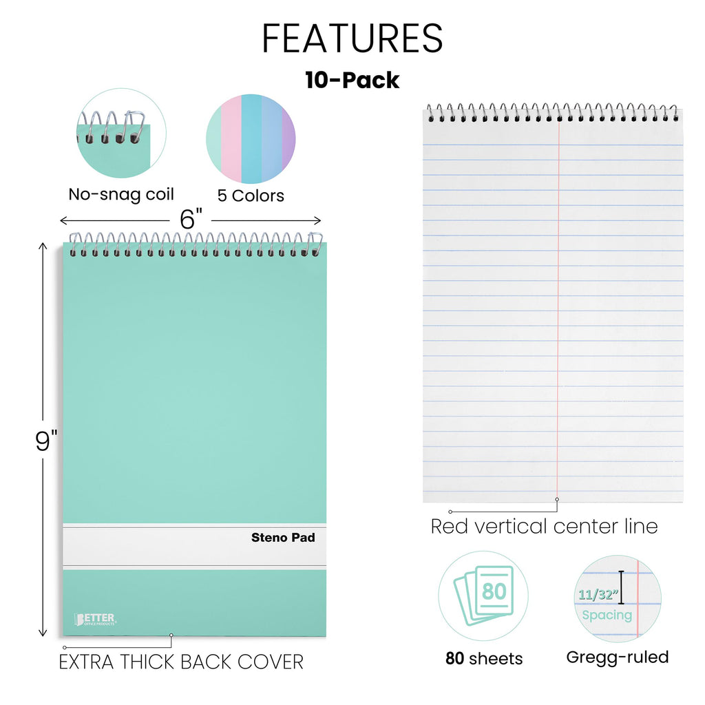 Steno Pads Spiral 6x9, 10 Pack, Gregg Ruled, 80 Sheets, Assorted Pastel Covers, Steno Notebooks Top Spiral for Note Taking