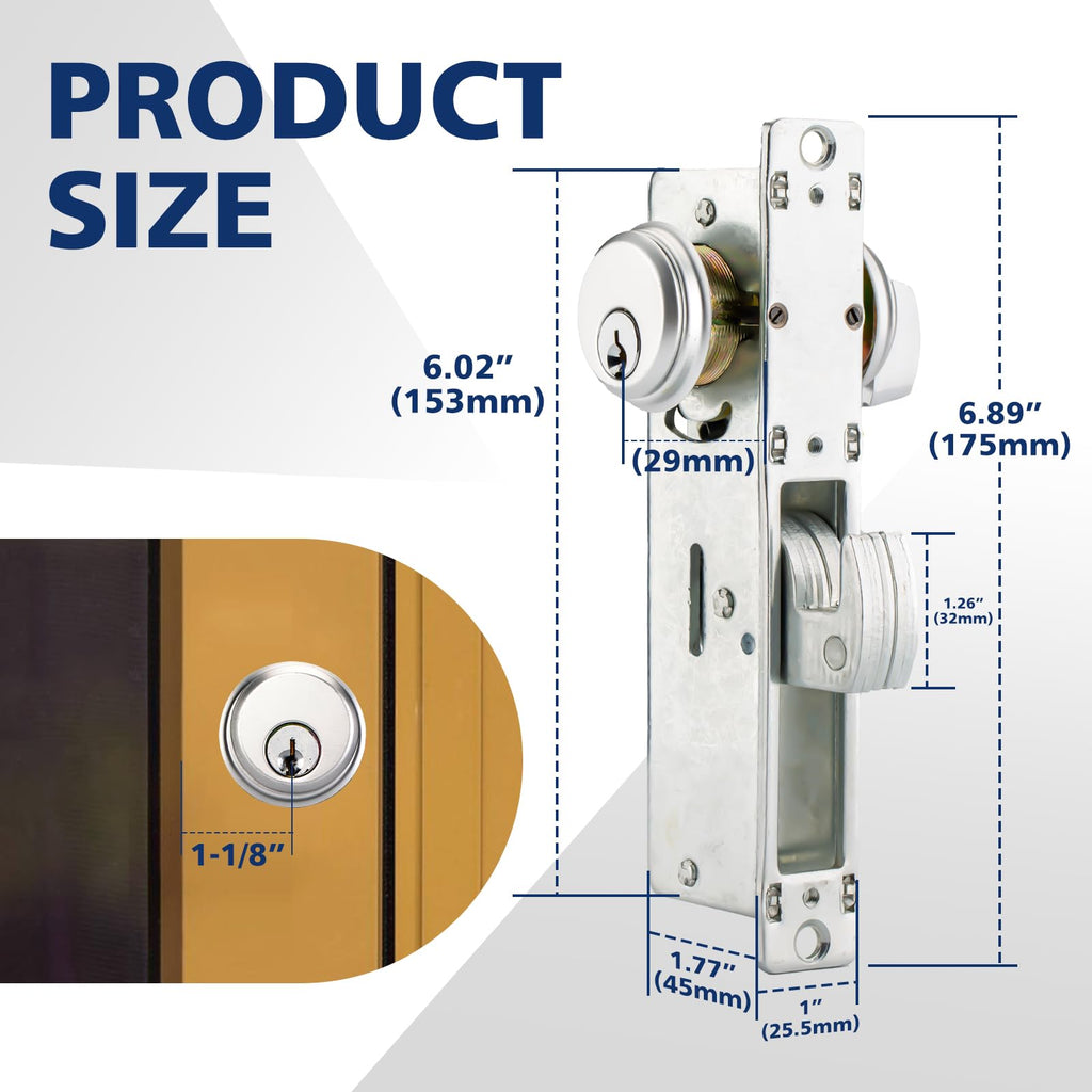 MaxxGeek Storefront Mortice Hook Door Lock, Commercial Door Locks Mortise Cylinder, Storefront Door Mortise Lock Hook Deadbolt(1-1/8" Backset)