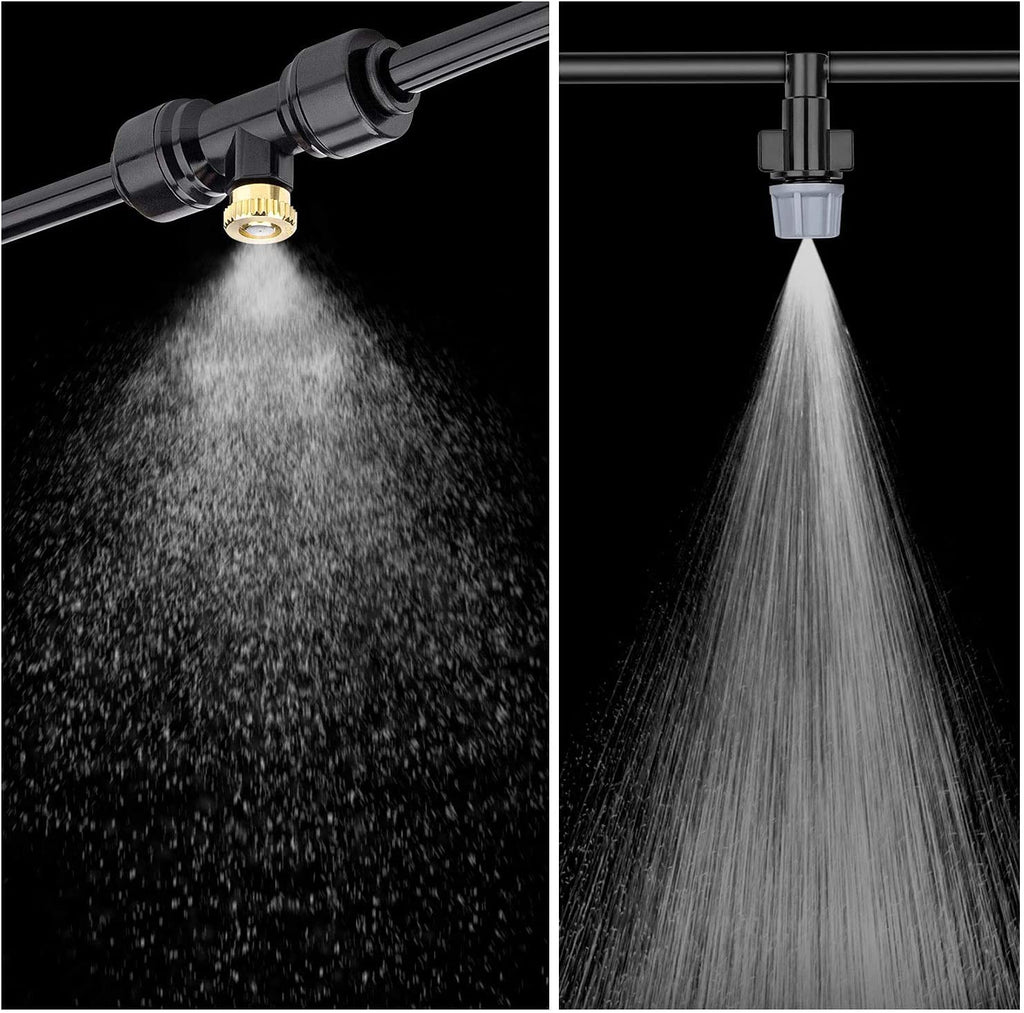 Misting Cooling System 98.4FT (30M) Misting Line + 50 Brass Mist Nozzles + 50 T-Connectors + 1 Faucet Adapters (3/4") Outdoor Mister for Patio Garden Greenhouse Trampoline for Waterpark