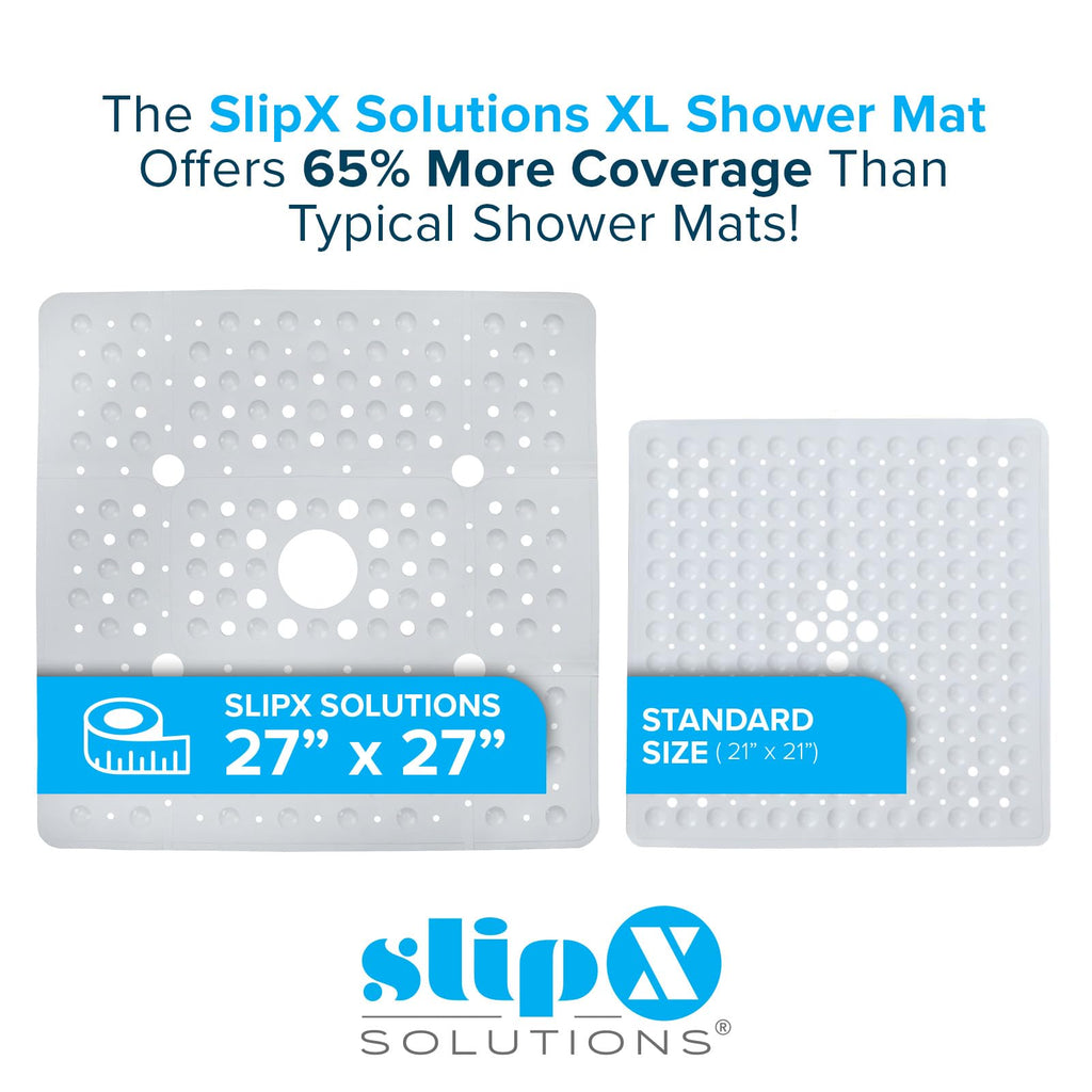 SlipX Solutions Extra Large Square Shower Mat, 27"x27", Non-Slip Stall Mat for Elderly & Kids Standing Bath Tub Mat, Machine Washable, Suction Cups, White