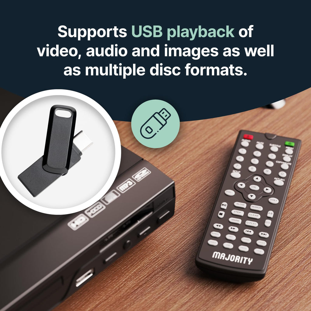 2025 Model HDMI DVD Player for TV | 1080P Region Free DVD Players for Smart TV | Mini DVD Player with USB, CD & MP3 | HDMI Cable, RCA Cable & Remoted Control | MAJORITY DVD Player