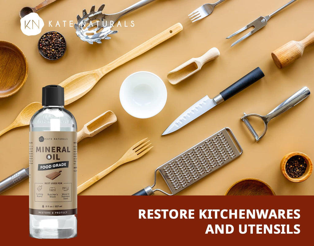 Kate Naturals Mineral Oil for Wood Cutting Board Oil, Butcher Block, and Knife. Food Grade Mineral Oil for Wooden Cutting Board (8oz, Food Safe Oil)