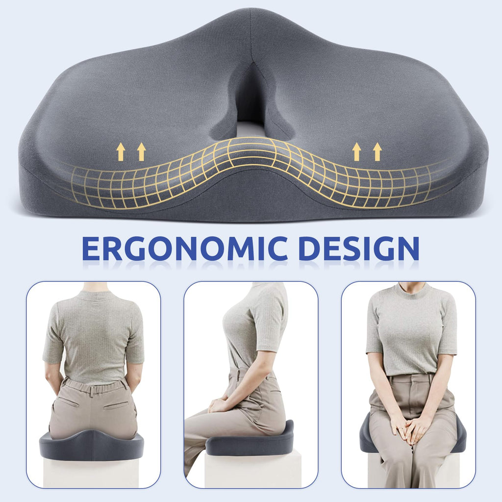 Ergonomic Seat Cushion for Tailbone Pressure Relief - Memory Foam Seat Pad for Comfort & Posture Improvement - Ideal for Office Chair,Desk Chairs, Car Seats, Wheelchairs, Home & Office Use(Dark Gray)