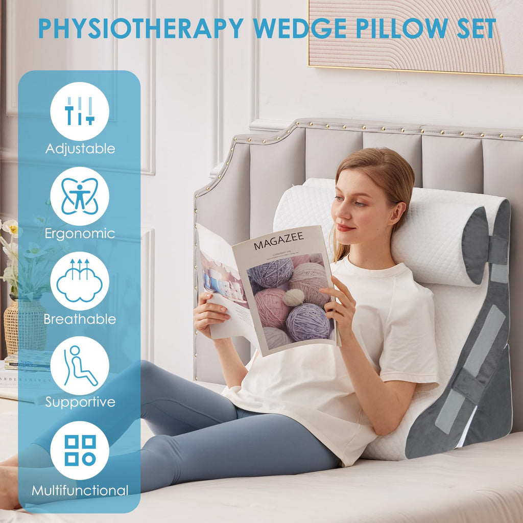 MEGCXIT 3PCS Bed Wedge Pillow for Headboard, 10-in-1 Adjustable Foam Wedge Pillow for Acid Reflux Relief, 23” Wide Triangle Pillow Wedge for Post Surgery, Back Pain Relief & Snoring, White/Grey