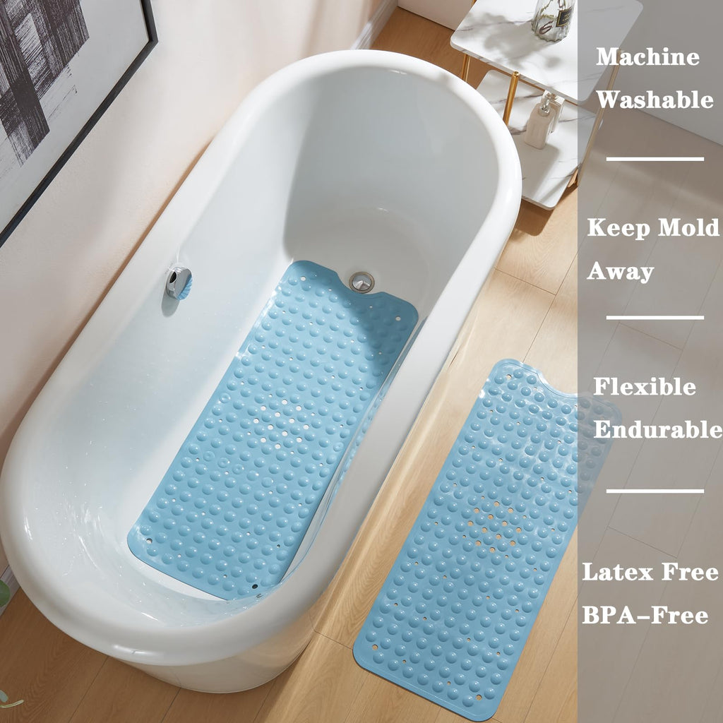 YANZIFLY Bathtub Mat for Shower: Soft Silicone 16 X 40 Inch Bath Mat Non Slip with Suction Cups Tub Mat for Bathroom for Kids Elderly Extra Large Shower matt Machine Washable - Blue