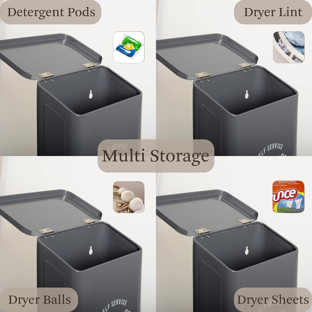 MONJITA Magnetic Lint Bin for Laundry Room, Wall Mounted Lint Trash can with lid for Dryer, Farmhouse Laundry Co Sign, Laundry Room Organization and Storage Decor with Dryer Lint Brush(Grey)