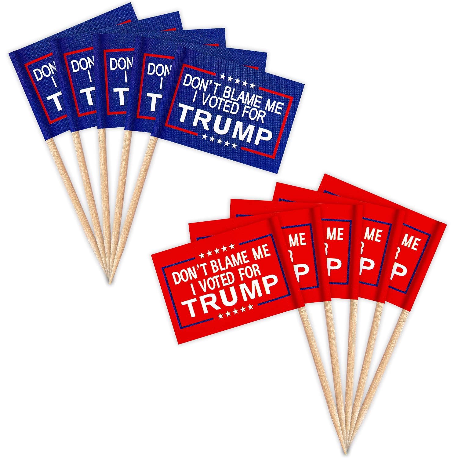 ZXvZYT Dont Blame Me I Voted for Trump 2024 Flag Toothpick,Small Mini Donald Trump Cupcake Toppers Stick flags Decoration(50Pcs Blue and 50Pcs Red)
