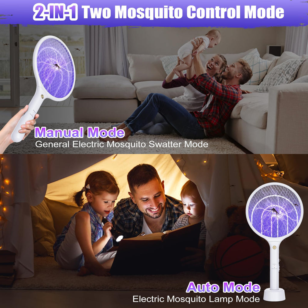 Electric Fly Swatter Racket 3000V Bug Zapper 2 in 1 Mosquito Zapper USB Rechargeable, 1200mAh Mosquitoes Killer Lamp & Fly Zapper with 3 Layer Safety Mesh for Home, Bedroom, Kitchen, Patio (2 Pack)