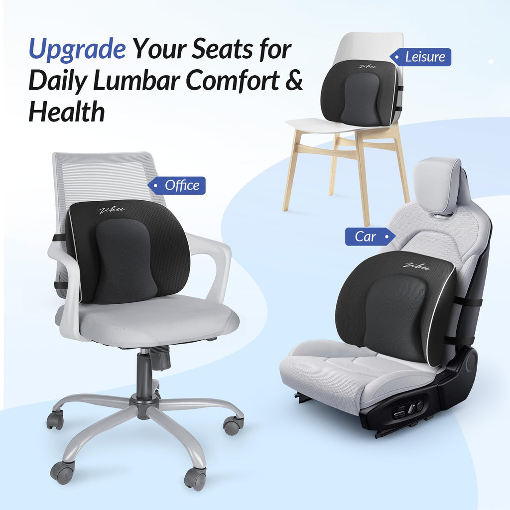 ZIKEE Airbag Lumbar Support Pillow for Office Chair and Car Seat, Adjustable Memory Foam Lumbar Pillow for Contoured Lower Back Support & Pain Relief, Lower Back Cushion with Dual Straps & Airy Fabric