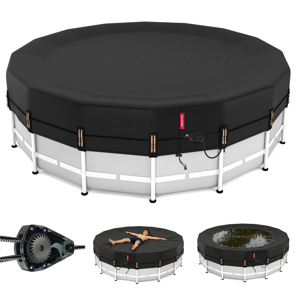 QH.HOME 14ft Round Pool Cover,[Ultimate Windproof & Tear-Resistant Fabric],Snug Fit with Patented Ratchet & Weight Rings,Solar Pool Cover for Above Ground Pools, Blocks Leaves &Waterproof
