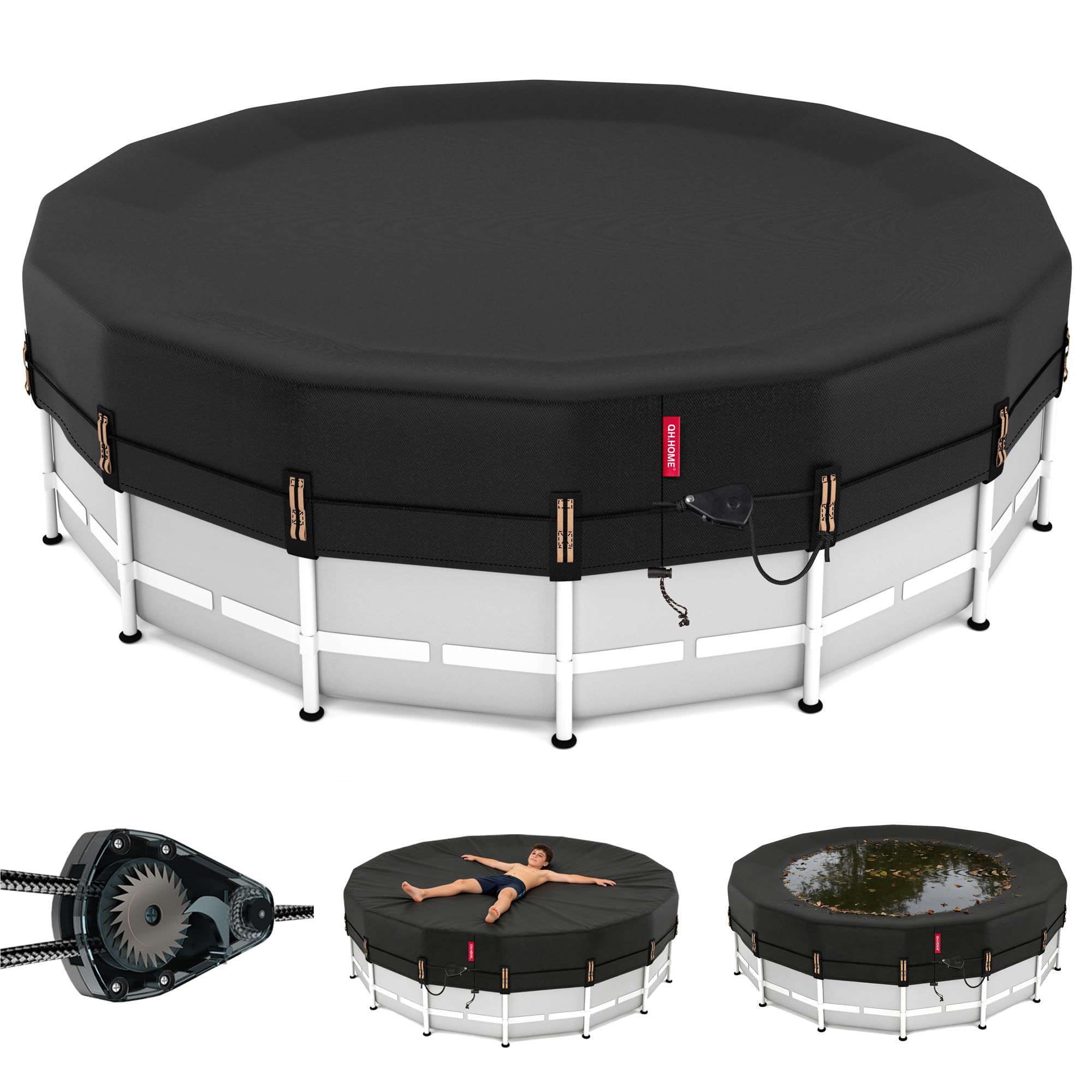 QH.HOME 14ft Round Pool Cover,[Ultimate Windproof & Tear-Resistant Fabric],Snug Fit with Patented Ratchet & Weight Rings,Solar Pool Cover for Above Ground Pools, Blocks Leaves &Waterproof