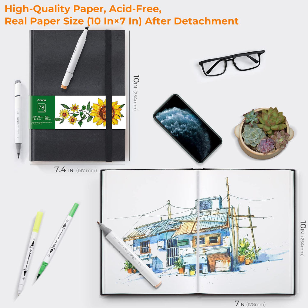 Ohuhu Marker Pads Art Sketchbook, 10"x7.4", 120 LB/200 GSM Drawing Papers, 78 Sheets/156 Pages, Hardcover Sketch Book for Alcohol Markers Christmas Gift