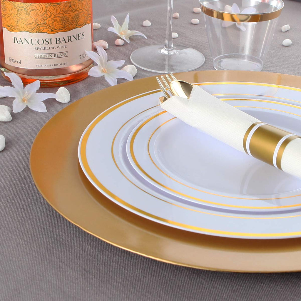 350 Pieces Gold Plastic Plates with Disposable Silverware and Cups, Include: 50 Dinner Plates 10.25”, 50 Dessert Plates 7.5”, 50 Gold Rim Cups 9 OZ, 50 Per Rolled Napkins with Cutlery