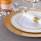 350 Pieces Gold Plastic Plates with Disposable Silverware and Cups, Include: 50 Dinner Plates 10.25”, 50 Dessert Plates 7.5”, 50 Gold Rim Cups 9 OZ, 50 Per Rolled Napkins with Cutlery