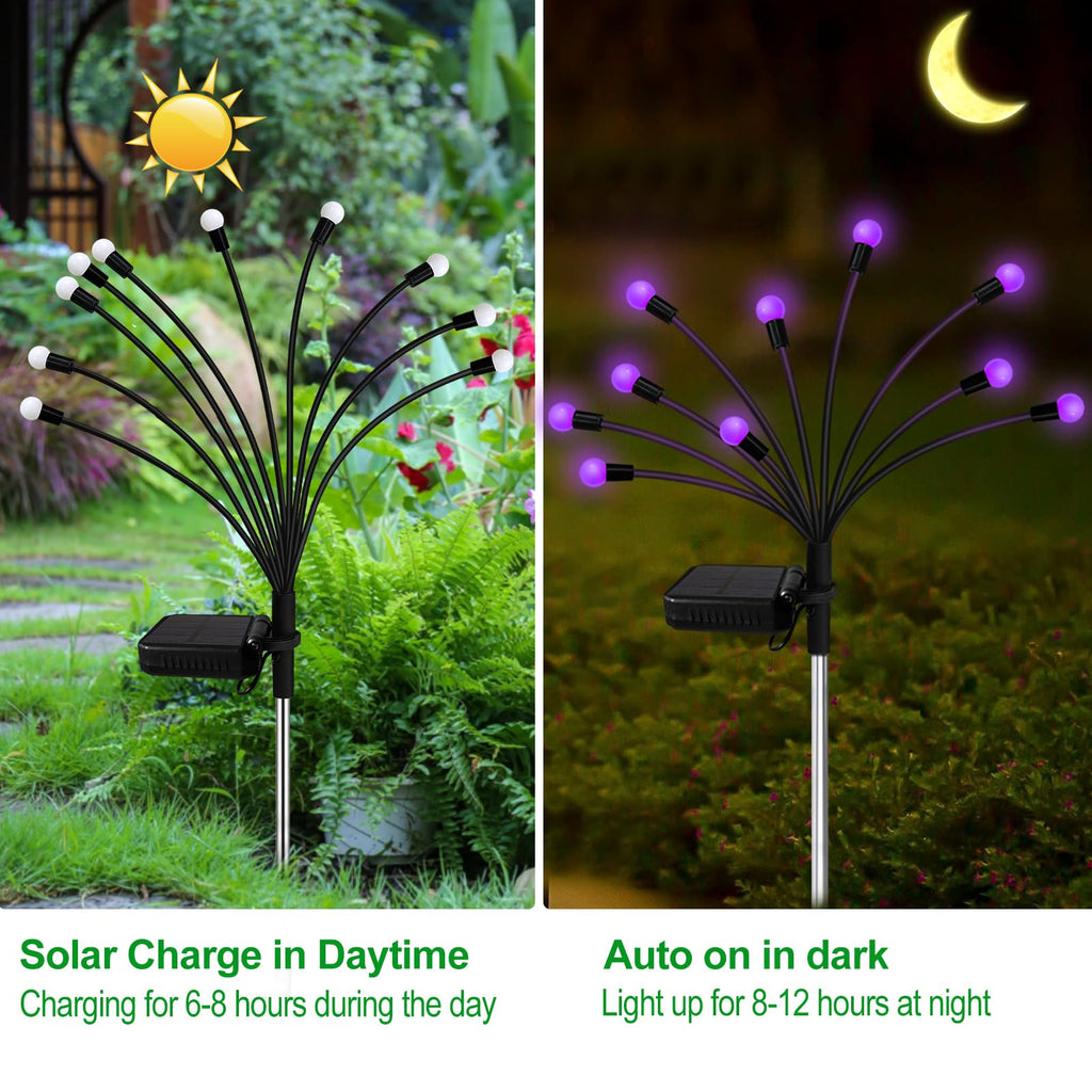 Solar Garden Lights Outdoor, 2 Pack 20 LED Solar Purple Firefly Lights Waterproof, Starburst Solar Wind Swaying Lights for Outside Yard Patio Planter Flower Bed Walkway Halloween Christmas Decoration