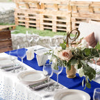 16Pack Disposable Plastic Tablecloths and Satin Table Runner Set White and Blue Dot Tablecloth Blue Satin Table Runner for Wedding Birthday Baby Shower Anniversary Christmas New Year Party Supplies